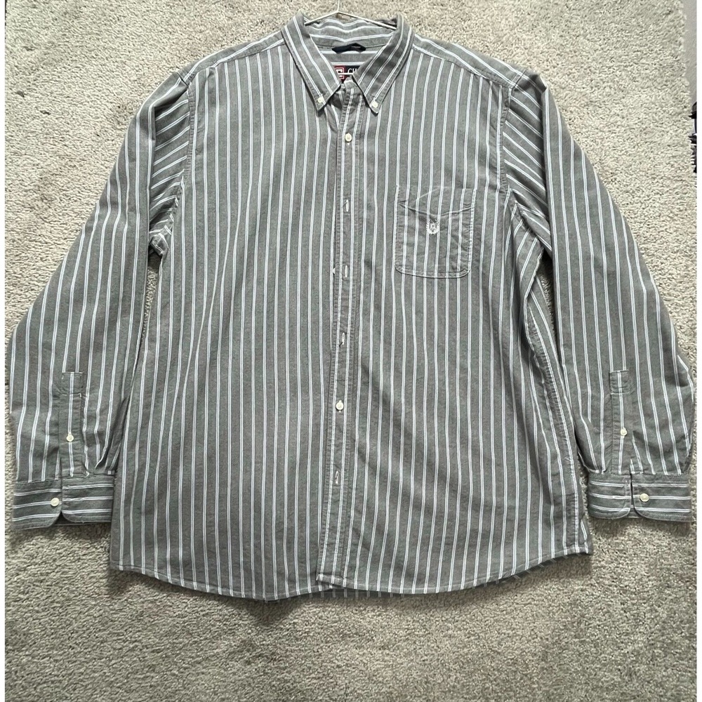 Chaps Shirt Men's 2XL Gray Blue Striped Button Down‎ Long Sleeves 100% Cotton